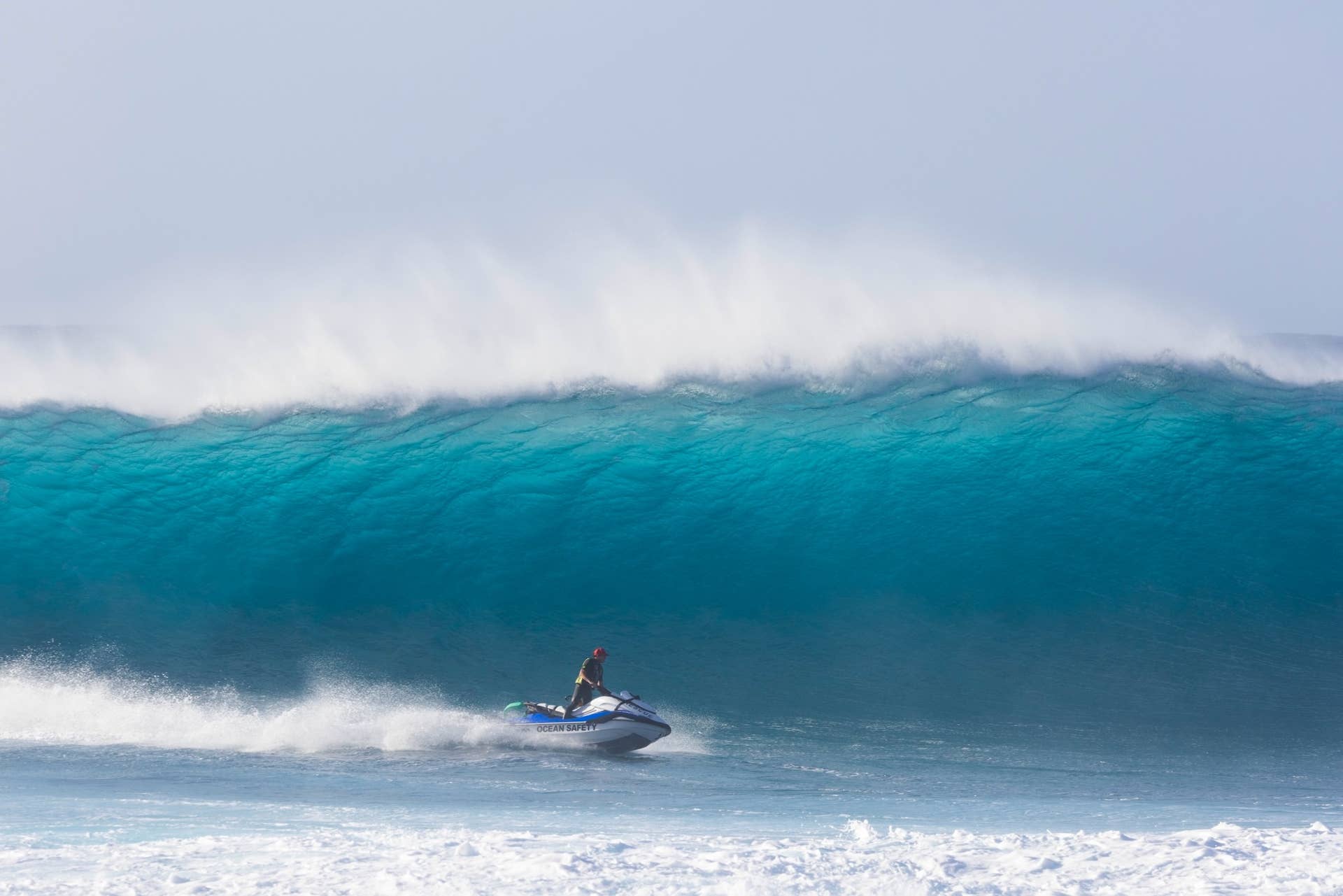 Hawaiian Water Patrol lifeguards cruise off Pupukea, Oahu, Hawaii, on February 5, 2024, after the Lexus Pipe pro event was called off. The event was cancelled because the waves were deemed too big and dangerous. The forecast was not as expected and surfers used the time to practice.