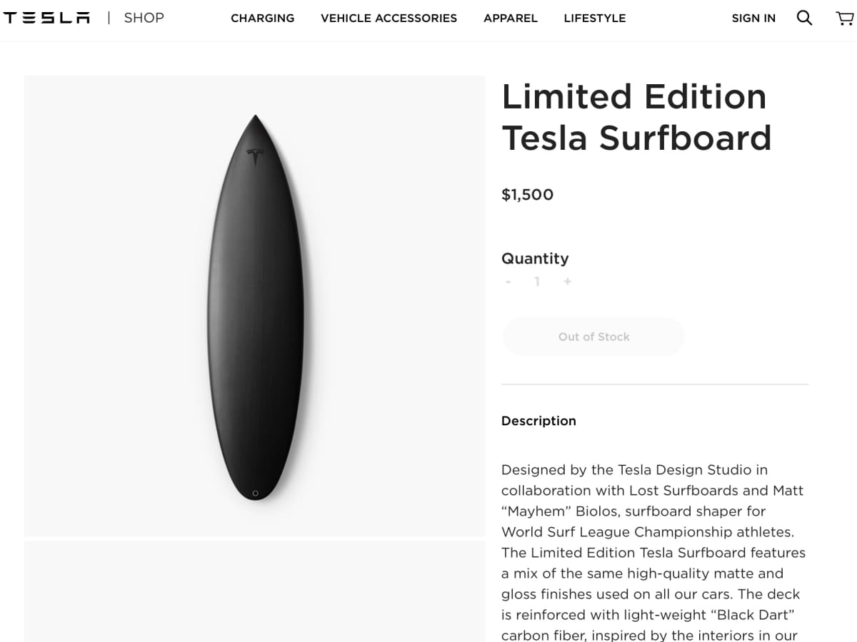 Tesla surfboard ebay sales